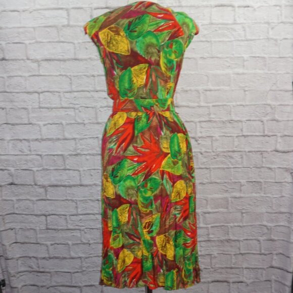Vintage 80s Leaf Button Down Belted Midi Dress Medium - Picture 6 of 12